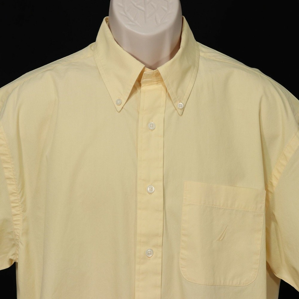 Nautica Mens Button Front Shirt L Large Pastel Yellow 100% Cotton Short Sleeve - Picture 2 of 10